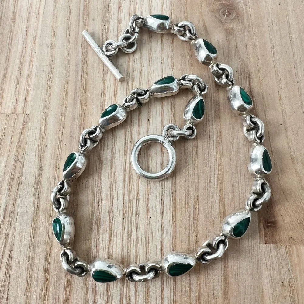 Taxco Sterling silver green malachite teardrop linked bracelet anklet chain